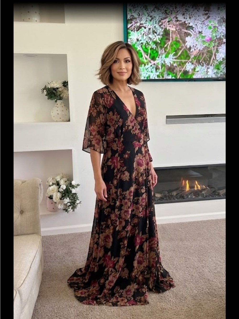 VICI Black Floral Maxi Dress with Pink & Gold Accents